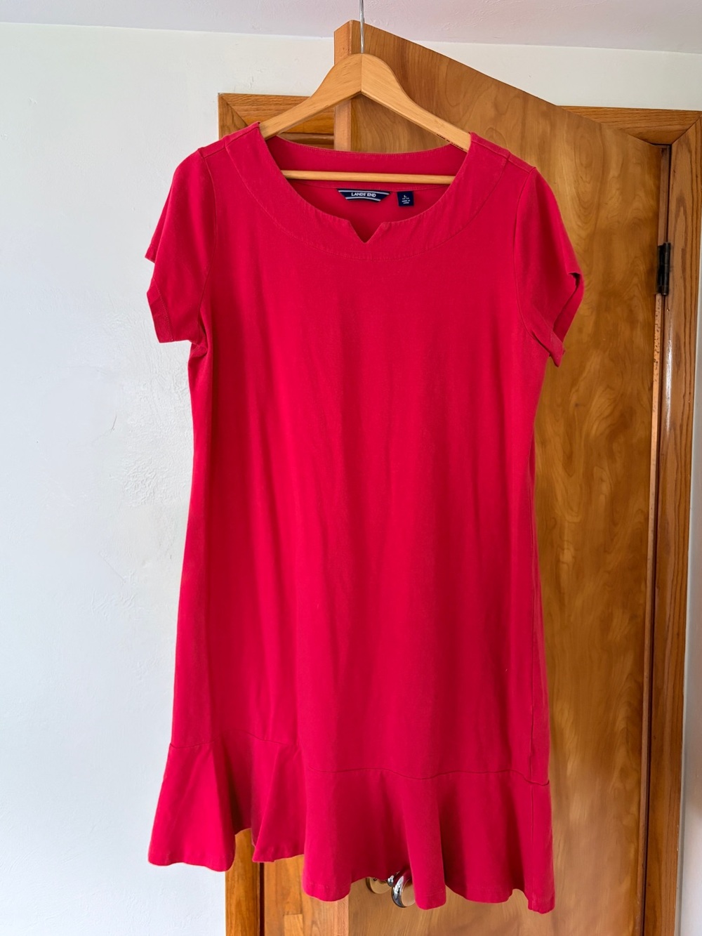 Lands' End Bright Red Short Sleeve Ruffle-Hem Tunic Dress